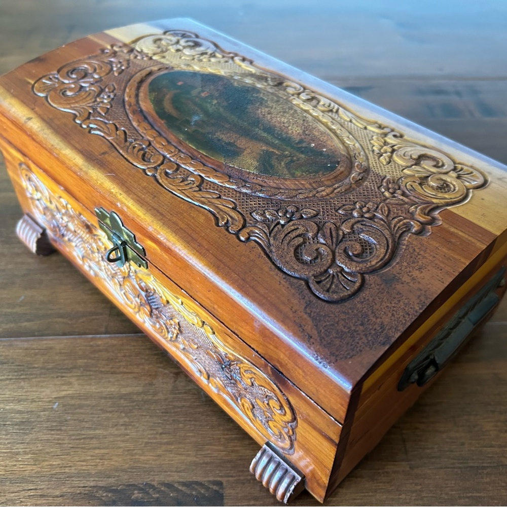 Vintage Carved Cedar Wood  Keepsake Box French Country Scene Ornate w/ Brass